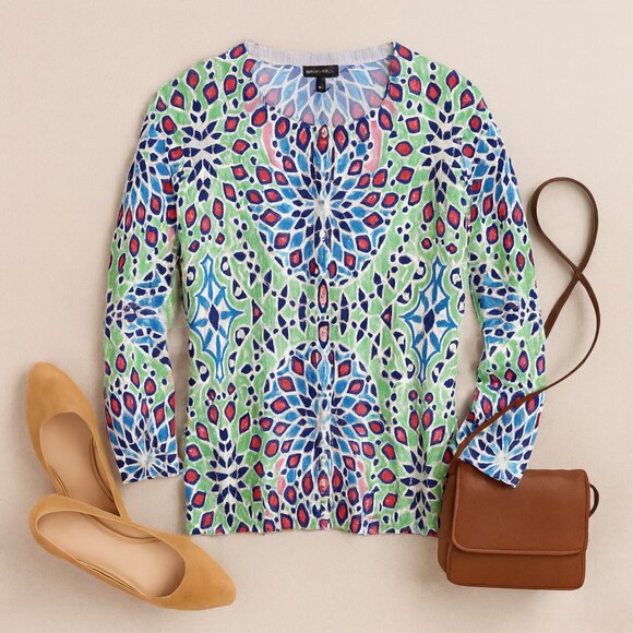 Talbots Cardigan Sweater Blue Green Medallion Print Classic Preppy PS - Picture 2 of 10